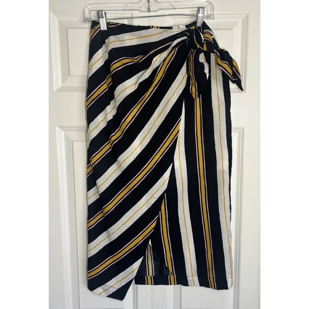Banana Republic Womens Size 4 Striped Navy White Gold Faux-Wrap Tie Midi Skirt - Picture 2 of 11